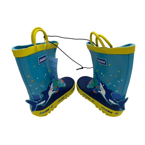 Toddler Shark Design Rubber Rain Boots Size 13 Waterproof Durable Blue / Yellow - Picture 5 of 6